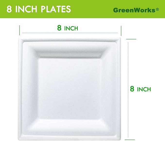 GreenWorks 100 Count 8 Inch Square Compostable Plates, Heavy Duty Bagasse and Bamboo Fiber Disposable Paper Plates
