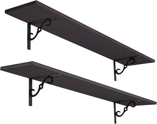 DINZI LVJ Long Wall Shelves, 47.3 Inch Large Floating Shelves Set of 2, Wide Display Shelf Wall Mounted with Brackets, Easy Hanging for Living Room, Toilet, Office, Bedroom, Espresso