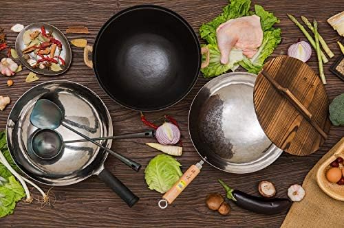 臻三环 ZhenSanHuan Chinese Hand Hammered Iron Woks and Stir Fry Pans, Non-stick, No Coating, Carbon Steel Pow (34CM, Silver - Not Seasoned)