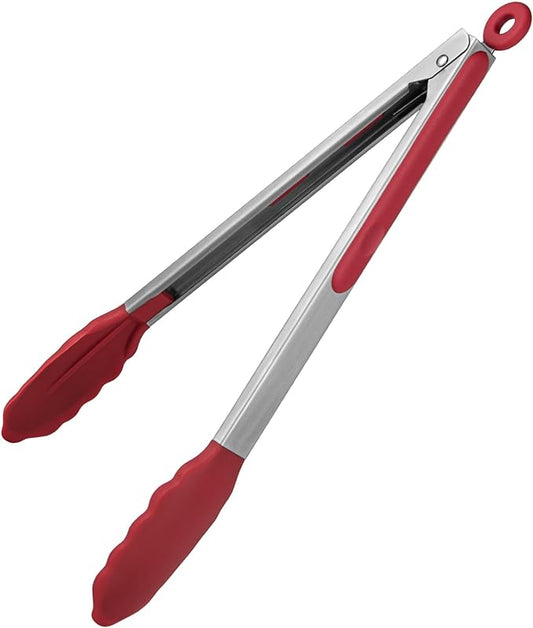 600ºF Heat Resistant Kitchen Tongs: U-Taste 12 inch Large Silicone Cooking Tong with Sturdy Non Stick Rubber Tips & Silicon Coated 18/8 Stainless Steel Handle & Smooth Locking for Serving Grill (Red)