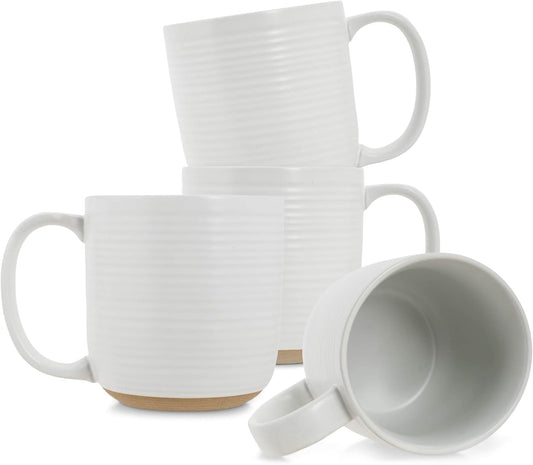 Elanze Designs Ribbed Ceramic Stoneware 16 ounce Raw Clay Bottom Coffee Mugs Set of 4, White