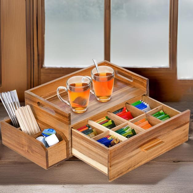 Acacia Wood Tea Bag Organizer, Wooden Tea Bag Storage Box Holder with Drawer for Kitchen Office Tea Bar Countertop