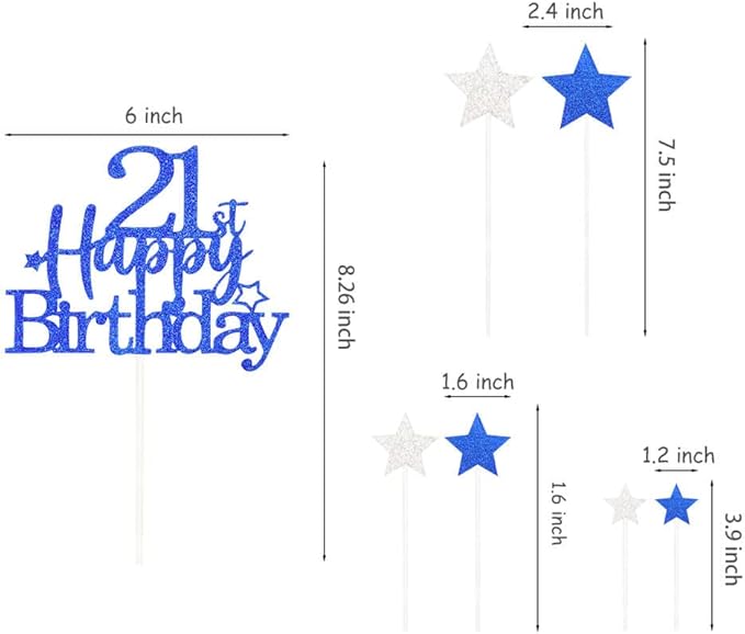 Glittery 21st Happy Birthday Cake Topper with Star,Personalised 21 Birthday Cake Toppers Party Decorations Party Supplies for Boys Girls Blue
