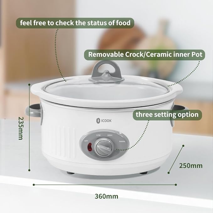 ICOOK Slow Cooker 3.5 Quart USC-351-OG,Dishwasher Safe Crock/Ceramic inner pot and Glass lid,Small Slow Cooker,Oval Shape,White