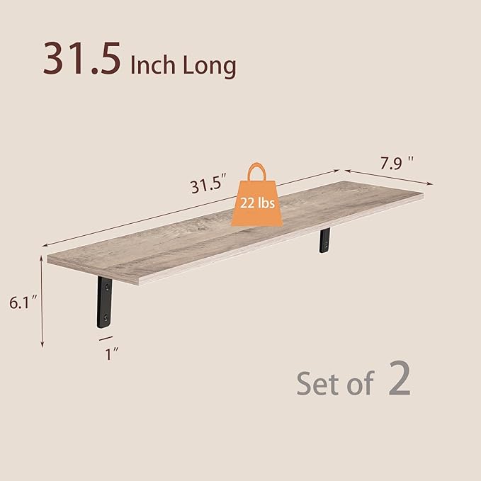 DINZI LVJ Long Wall Shelves, 31.5 Inch Wall Mounted Shelves Set of 2, Easy-to-Install, Wall Storage Ledges with Sturdy Metal Brackets for Living Room, Bathroom, Bedroom, Kitchen, Greige