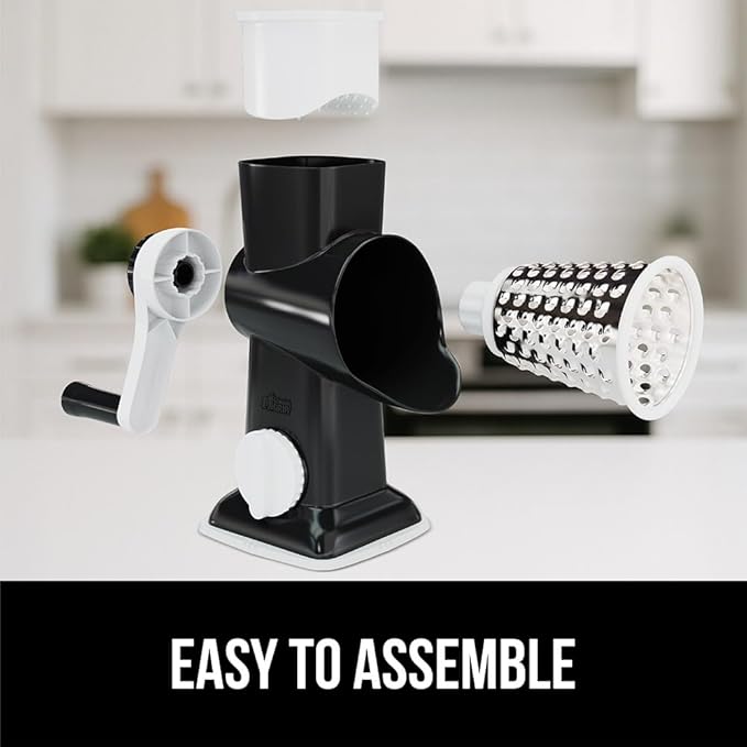 GORILLA GRIP BPA-Free Rotary Cheese Grater Hand Crank, Easy to Set Up, Strong Suction Base for Kitchen Countertop, Shred Potato, Vegetable, Nuts in Seconds, Round Mandoline Slicer, 3 Blades, Black