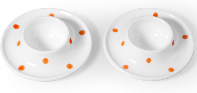 Cinf Ceramic White Egg Holder Set of 2 Porcelain Holder Breakfast Boiled Cooking Easy to Clean Childhood Memories Kitchen（Orange Dot)