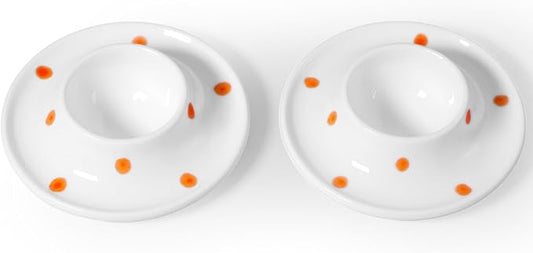 Cinf Ceramic White Egg Holder Set of 2 Porcelain Holder Breakfast Boiled Cooking Easy to Clean Childhood Memories Kitchen（Orange Dot)
