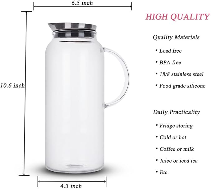 68 Ounces Glass Pitcher with Lid, Hot/Cold Water jug for Coffee, Lemonade, Iced Sun Tea,Beverage, Milk