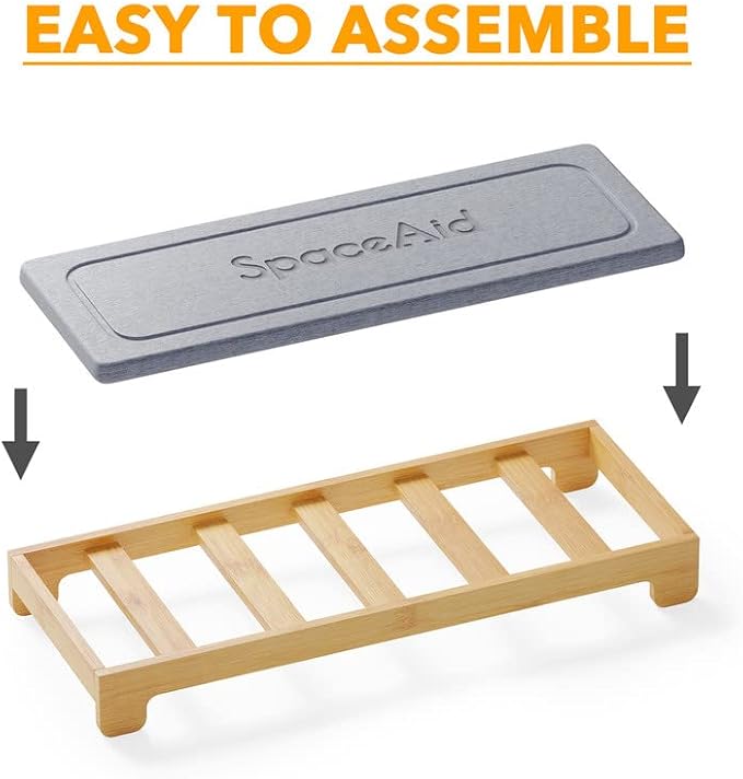 SpaceAid DryingNeat Instant Dry Sink Caddy Organizers, Kitchen Sponge Soap Holder Dispenser, Countertop Fast Drying Counter Tray Rack (Bamboo, Gray)