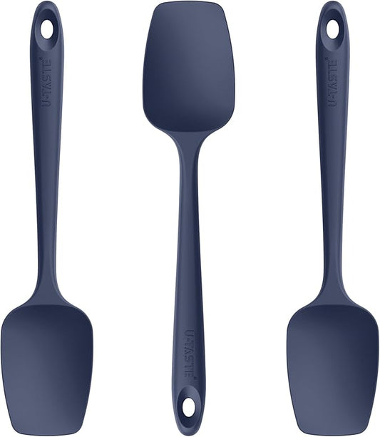 U-Taste Silicone Spoon Spatula Set: 480ºF Heat Resistant Food Grade Flexible Rubber Spoonula, Nonstick Cooking Mixing Scooping Kitchen Baking Scraper Utensils Set of 3 for Pan, Bowl (Midnight Blue)