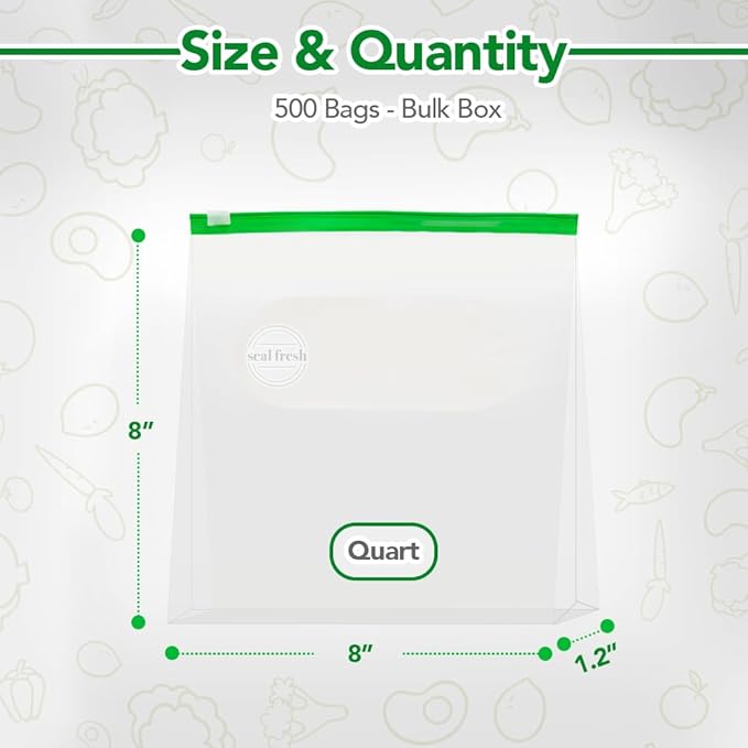 Quart Slider Storage Bags 500 Pack — Reusable Freezer Bags with Expandable Bottom, BPA Free, Microwave Safe, Clear Quart Food Storage Bags