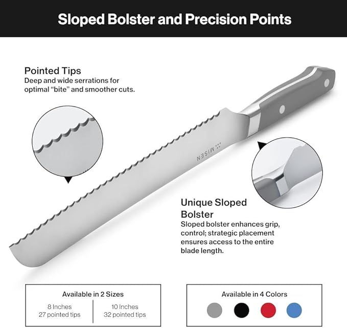 Misen Serrated Bread Knife – High-Carbon Japanese AUS8 Steel – Effortless Slicing of Bread, Pastries, and Fruits – Razor-Sharp Edge and Durable Blade with Ergonomic Handle - 8", Red