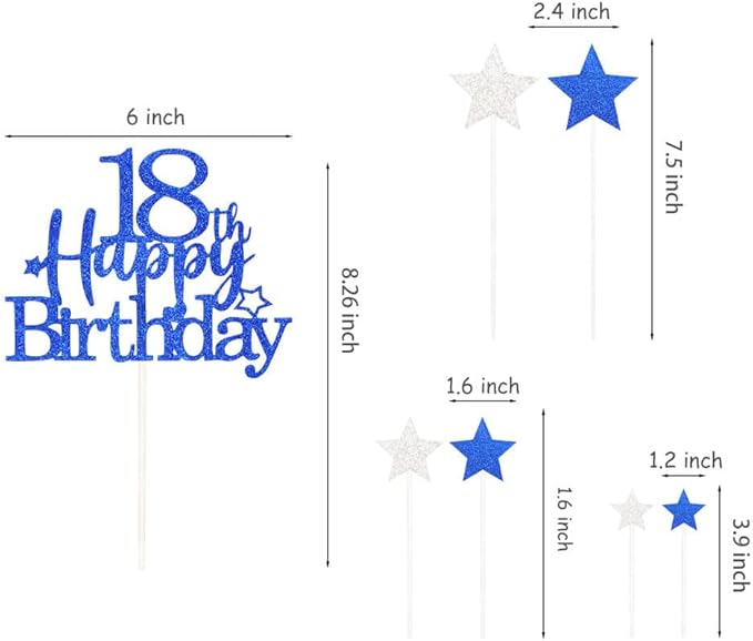 Glittery 18th Happy Birthday Cake Topper with Star,Personalised 18 Birthday Cake Toppers Party Decorations Party Supplies for Boys Girls Blue
