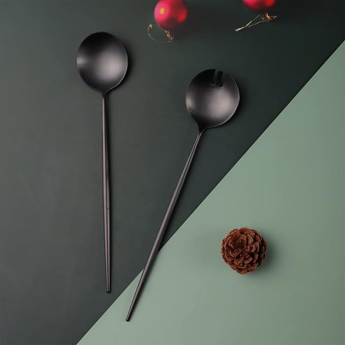 Salad Servers,Spoon and Fork Set 11.41 inch,18/10 Stainless Steel Salad Serving Titanium Plating (Black)