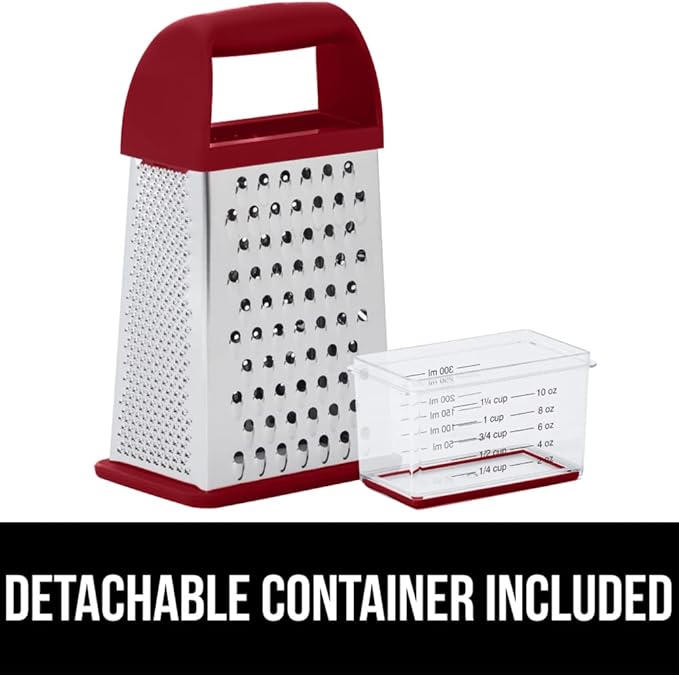 GORILLA GRIP 4-Sided 100% BPA-Free Cheese Grater With Container, Stainless Steel XL Box Graters, Parmesan Shredder, Grate Cheeses, Shred Veggies, Slip Resistant Handle, Dishwasher Safe Zester, Red