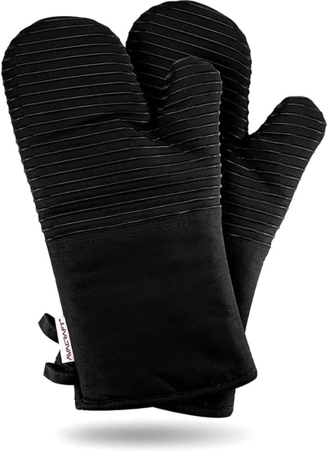AVACRAFT Oven Mitts Pair, Black - Flexible, 100% Cotton with Unique Heat Resistant Food Grade Silicone, Thick Terry Cloth Interior, 500 F Heat Resistant