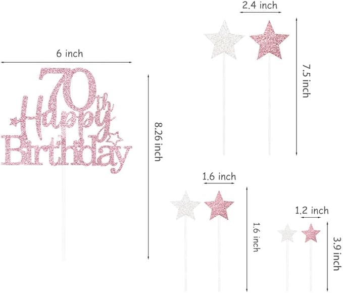 Glittery 70th Happy Birthday Cake Topper with Star,Personalised 70 Birthday Cake Toppers Party Decorations Party Supplies for Men Women Rose Gold