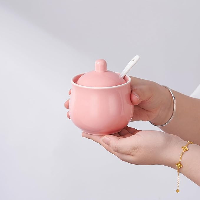 Ceramic Sugar Bowl with Lid and Spoon, Pink Porcelain Sugar Salt Pepper Storage Jar, 8 Ounces