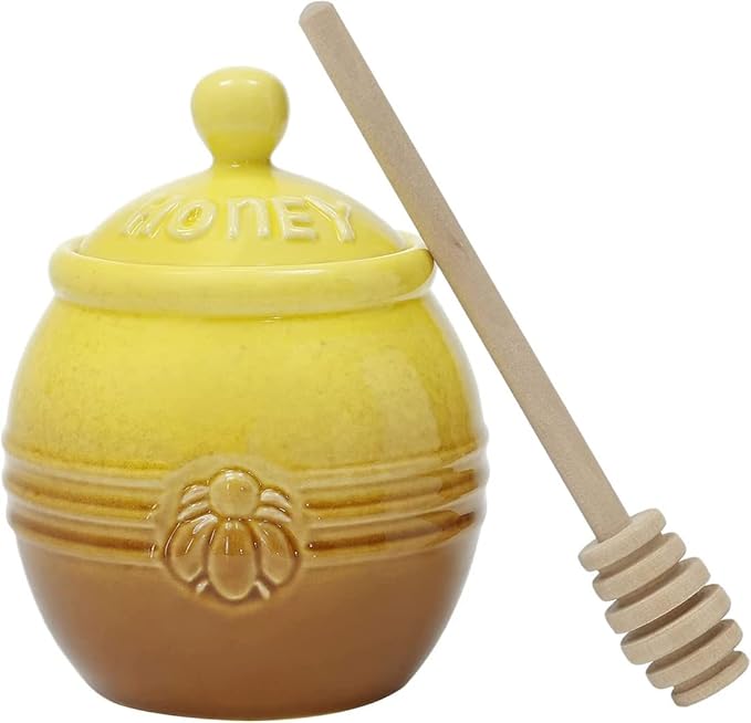 12oz Ceramic Honey Jar with Wooden Dipper Stick-Honey Pot with Dipper, Yellow Honey Dispenser, Farmhouse Kitchen Great Bee Decor, Porcelain Honey Jar Easy to Clean for Mother's Day Wife Gift