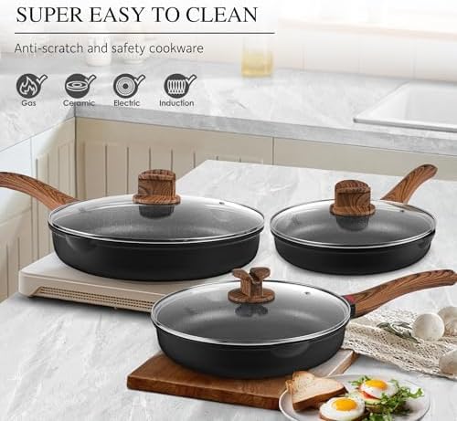 Vinchef Non Stick Frying Pan with Lid,9.5 Inch Anti Scratch Skillet Cast Aluminum Cookware, Induction Compatible Black