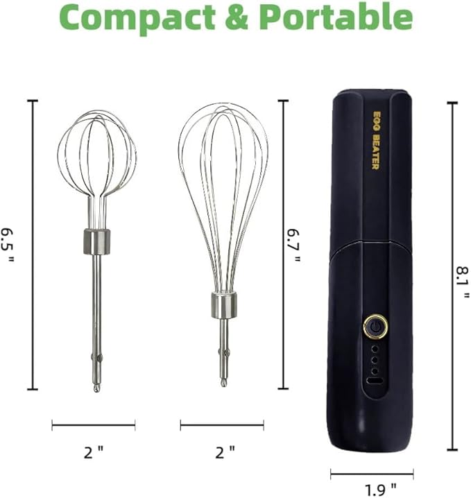 Cordless Hand Mixer, Foldable Design Handheld Electric Whisk with 3 Speed Modes, Hand Held Egg Beater with 2 Detachable Stir Whisks (Black)