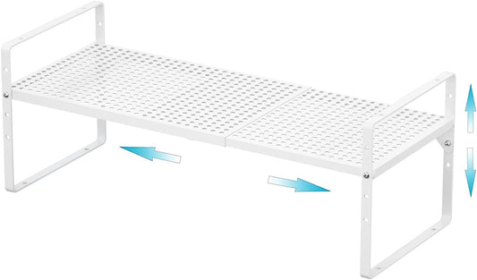 iPEGTOP Large Expandable Cabinet Storage Shelf Organizer Rack, Heavy Duty Stackable Steel Metal Spice Rack Adjustable Height Home Office Pantry Garage Shelf for Counter Kitchen, White - 1 Pack