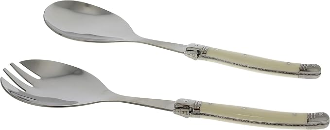 French Home Laguiole Connoisseur (Faux Ivory) Salad Servers 2 Piece Set — Stainless Steel Flatware Set — Salad Serving Utensils — Silverware Set Spoon and Fork Set — Dining Utensils Set