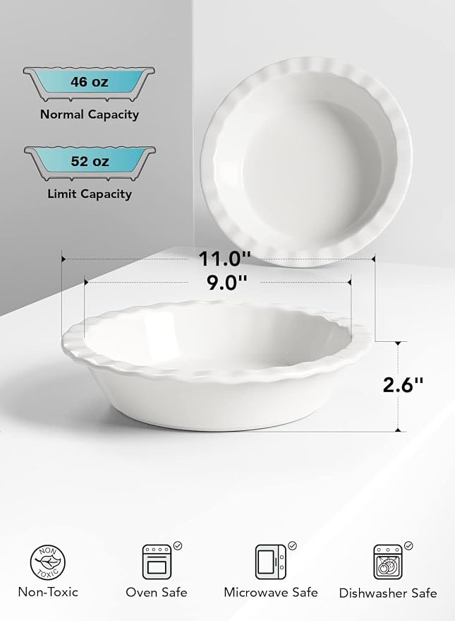 LE TAUCI Ceramic Pie Pans Plate for Baking, 9 inch Deep Dish Baking Dish, 52 ounce Bakeware for Apple Pecan Pie, Set of 2, White