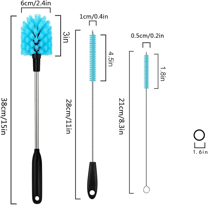 3 in 1 Stainless Steel Long Handled Water Bottle Brush Set, Kitchen Scrubber Cleaning Brush for Mugs, Coffee Cups, Glassware, Wine Glasses, Wake-Ups, with Straw Cleaner, Blue