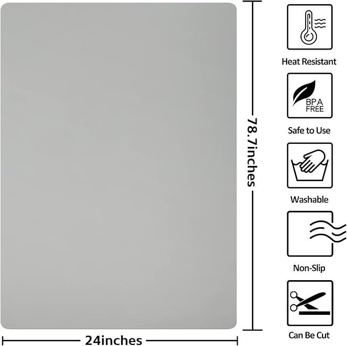 Silicone Mats for Kitchen Counter, Nonslip Silicone Mats for Crafts Countertop Protector Heat Resistant Mat (78.7” x 24” x 0.08”, Grey)