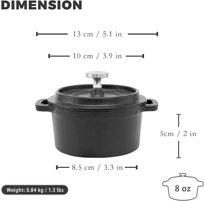 Mini Cocotte 8 oz Mini Dutch Oven 0.25 qt. Cast Iron Garlic Roaster for Oven Garlic Confit Pot Ramekins with Lids Oven Safe Set of 2, Black