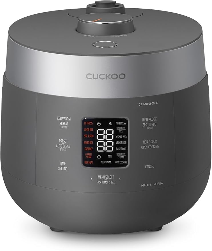 CUCKOO CRP-ST0609FG 6-Cup (Uncooked) / 12-Cup (Cooked) Twin Pressure Rice Cooker & Warmer with Nonstick Inner Pot, 16 Menu Options, 3 Voice Guide, Auto Clean (Gray)