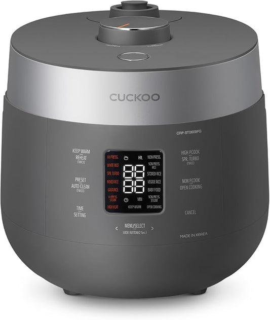CUCKOO CRP-ST0609FG 6-Cup (Uncooked) / 12-Cup (Cooked) Twin Pressure Rice Cooker & Warmer with Nonstick Inner Pot, 16 Menu Options, 3 Voice Guide, Auto Clean (Gray)