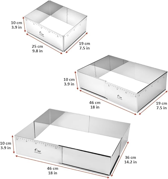 Guowall Extensible Rectangular Cake Mould Stainless Steel Pastry Ring Mold for Tiramisu Rectangle Adjustable Baking Frame Big Size for Multiple Size - 10 x 7 inch
