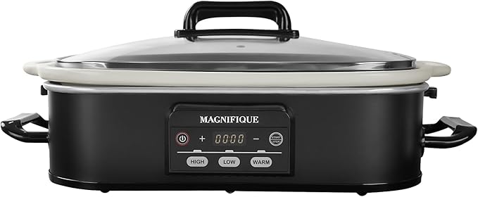 MAGNIFIQUE Small 4 Quart Casserole Programmable Slow Cooker with Ceramic Baking Dish - Perfect Kitchen Small Appliance for Family Dinners, Oven Safe and Durable Bakeware for Lasagna, Roasts