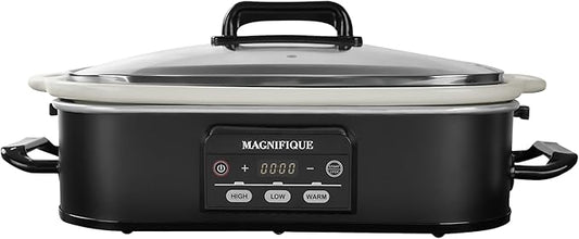 MAGNIFIQUE Small 4 Quart Casserole Programmable Slow Cooker with Ceramic Baking Dish - Perfect Kitchen Small Appliance for Family Dinners, Oven Safe and Durable Bakeware for Lasagna, Roasts