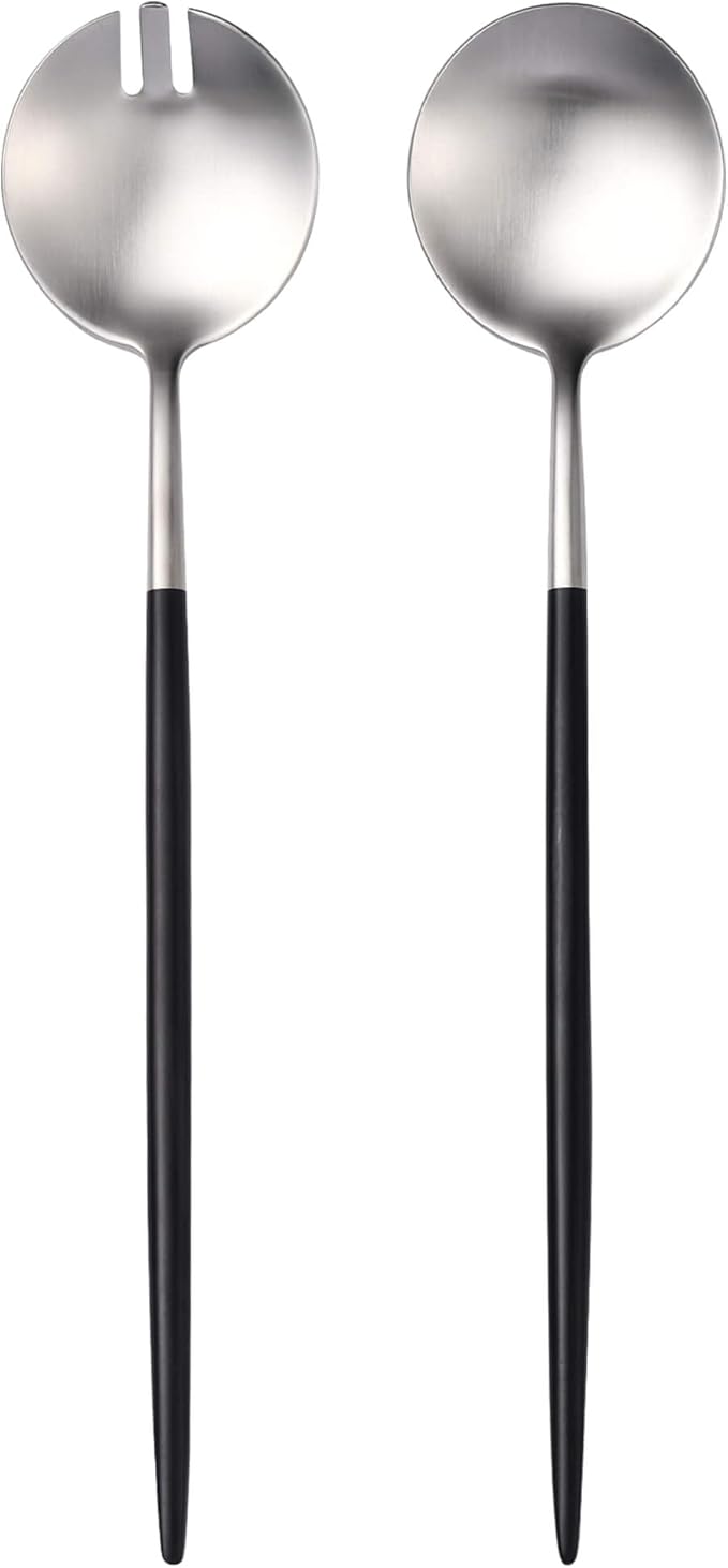 Silver Black Salad Serving Utensils,Serving Spoons Stainless Steel,2Pcs Long Handle Salad Servers 11.42 Inch,Salad Utensils for Serving,Matte Finish,Dishwasher Safe