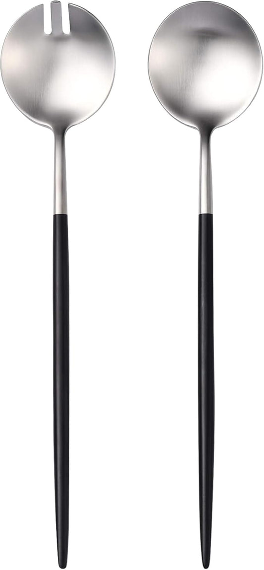 Silver Black Salad Serving Utensils,Serving Spoons Stainless Steel,2Pcs Long Handle Salad Servers 11.42 Inch,Salad Utensils for Serving,Matte Finish,Dishwasher Safe