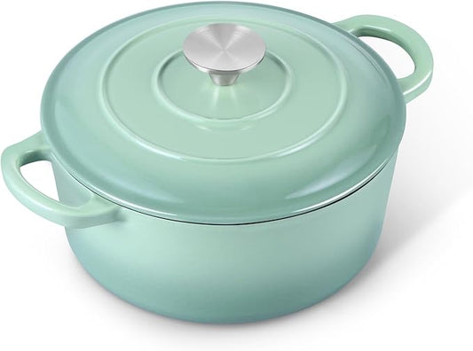 E-far 3 Qt Enameled Cast Iron Dutch Oven with Lid, Small Round Nonstick Dutch Oven Pot for Bread Baking Braising Stews Roasting Cooking, Heavy Duty, Induction & Oven Safe - Sage Green