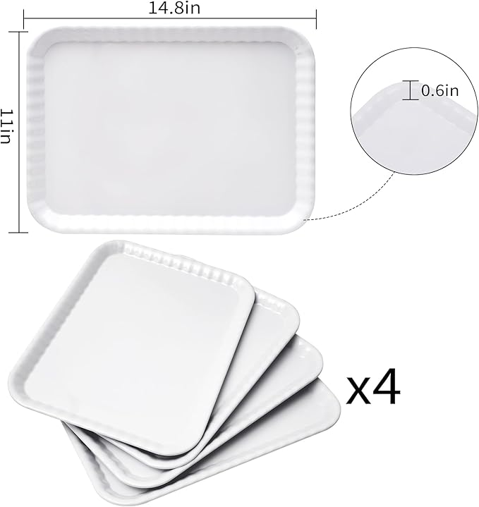 Blue Boat 15" x 11" Rectangular Serving Trays Set of 4 White, Melamine Serving Platter, Light Weight Easy to Clean Sturdy Stackable BPA-Free Dishwasher Safe