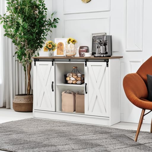 4 EVER WINNER Coffee Bar Cabinet with Sliding Barn Doors, 42”Farmhouse Buffet Cabinet with Storage for Kitchen, Coffee Bar with Adjustable Shelf for Dining Room, White