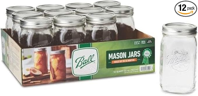 Ball Wide Mouth Clear Glass Canning Quart 32 Oz Mason Jars with Lids, 12 Pack