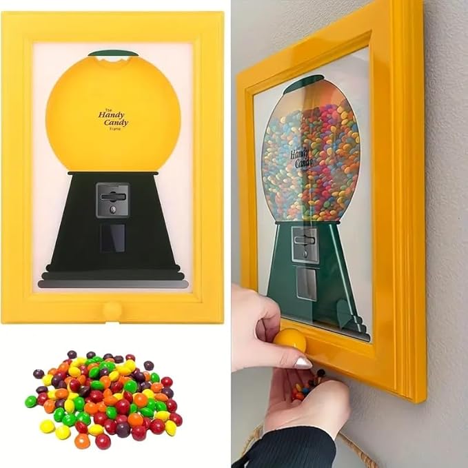 Candy Dispenser Picture Frame, Handy Candy Frame Dispenser,Hanging Machine Art For Candies, Nuts, Dog & Cat Treats, Suitable for Holiday Gifts (Yellow)