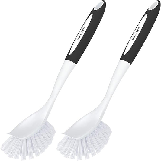 Amazer Dish Brush with Handle, 2 Pack Kitchen Scrub Brushes for Cleaning, Dish Scrubber with Stiff Bristles for Sink, Pots, Pans