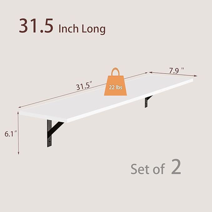 DINZI LVJ Long Wall Shelves, 31.5 x 7.9 x 6.1 Inches, Set of 2 White Floating Shelves, Easy-to-Install, Large Storage Ledges with Sturdy Metal Brackets for Living Room, Bathroom, Bedroom, Kitchen