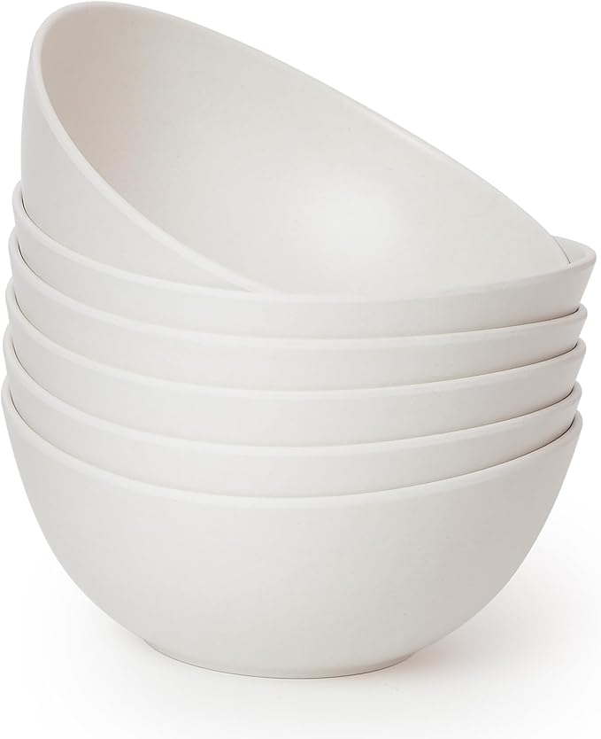 6.2'' Bamboo Fiber Cereal Bows Set of 6, Soup Bowls 24 Oz for Serving Salad, Snack, Side Dishes, Modern Oval Lightweight Bowls for Breakfast, Lunch and Dinner, Dishwasher and Freezer Safe(Matte White)
