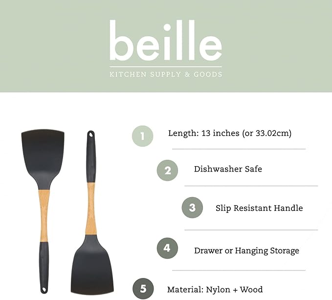 Beille Grey Nylon Spatula with Wooden Handle Kitchen Utensils High Heat Resistance, 13 Inch