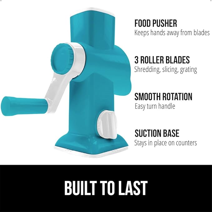 GORILLA GRIP BPA-Free Rotary Cheese Grater Hand Crank, Easy to Set Up, Strong Suction Base for Kitchen Countertop, Shred Potato, Vegetable, Nuts in Seconds, Round Mandoline Slicer, 3 Blades, Turquoise