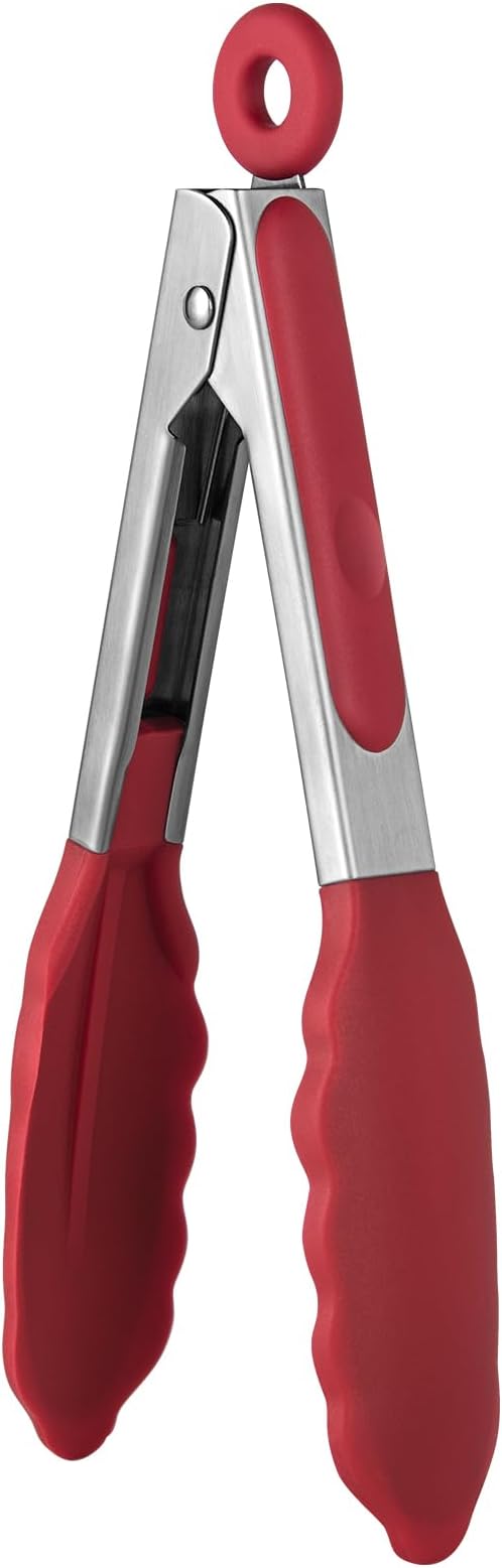 600ºF Heat Resistant Kitchen Tong: U-Taste 7 inch Silicone Cooking Tong with Firm Sealed Non Stick Rubber Tips & Silicon Coated 18/8 Stainless Steel Handle & Smooth Locking for Serving Salad (Red)